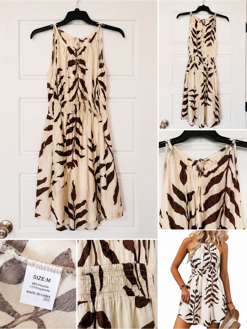 Sleeveless Cream Midi Dress with Brown Botanical Print